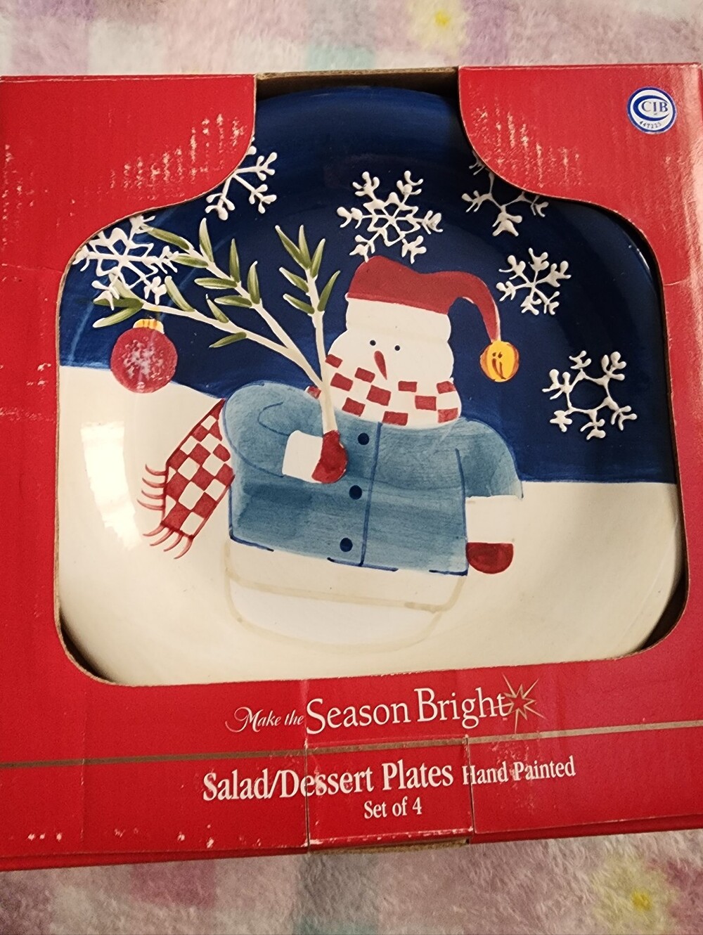 Hand-Painted Snowman Salad/Dessert Plate Set Of 4- Blue, Red, White
